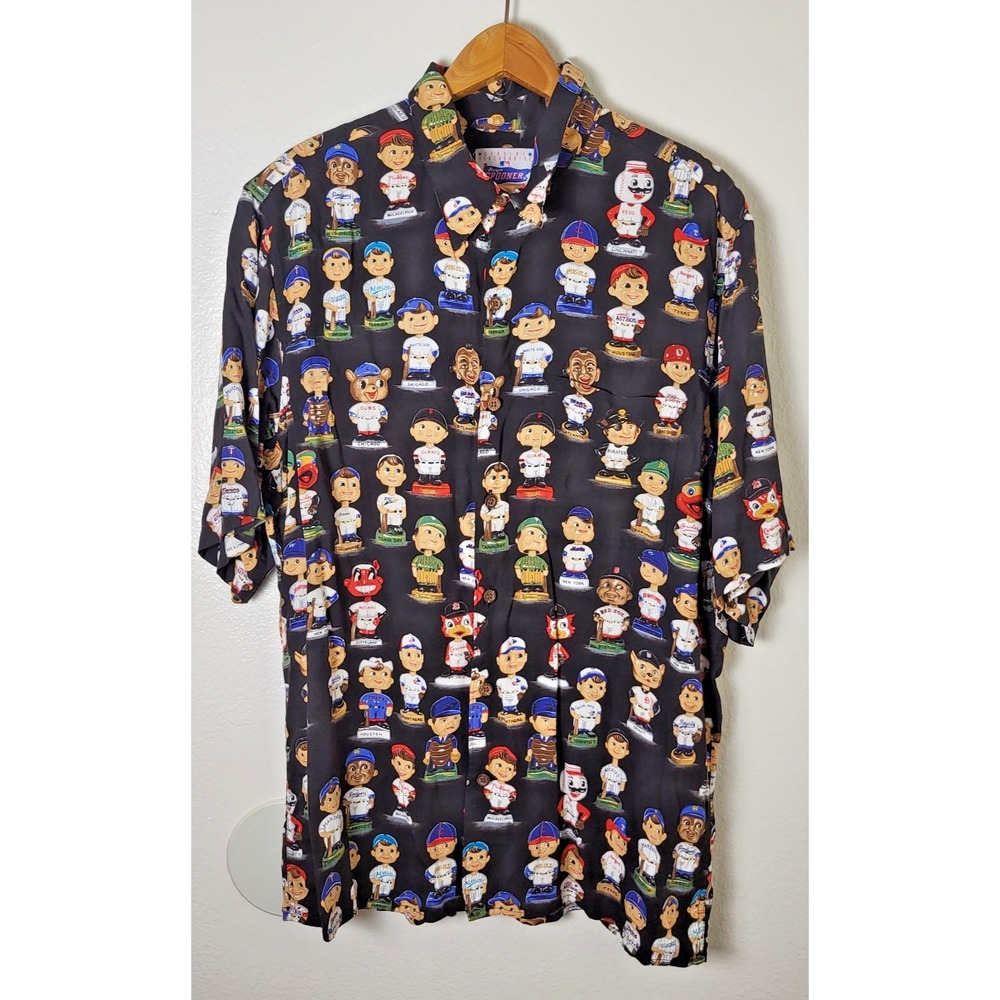 VTG Reyn Spooner Baseball MLB Bobblehead Shirt Men's L Hawaiian Aloha 100% Rayon